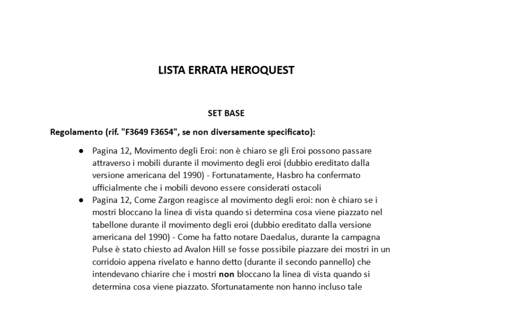 HeroQuest Errata List e Contenuto Scatole